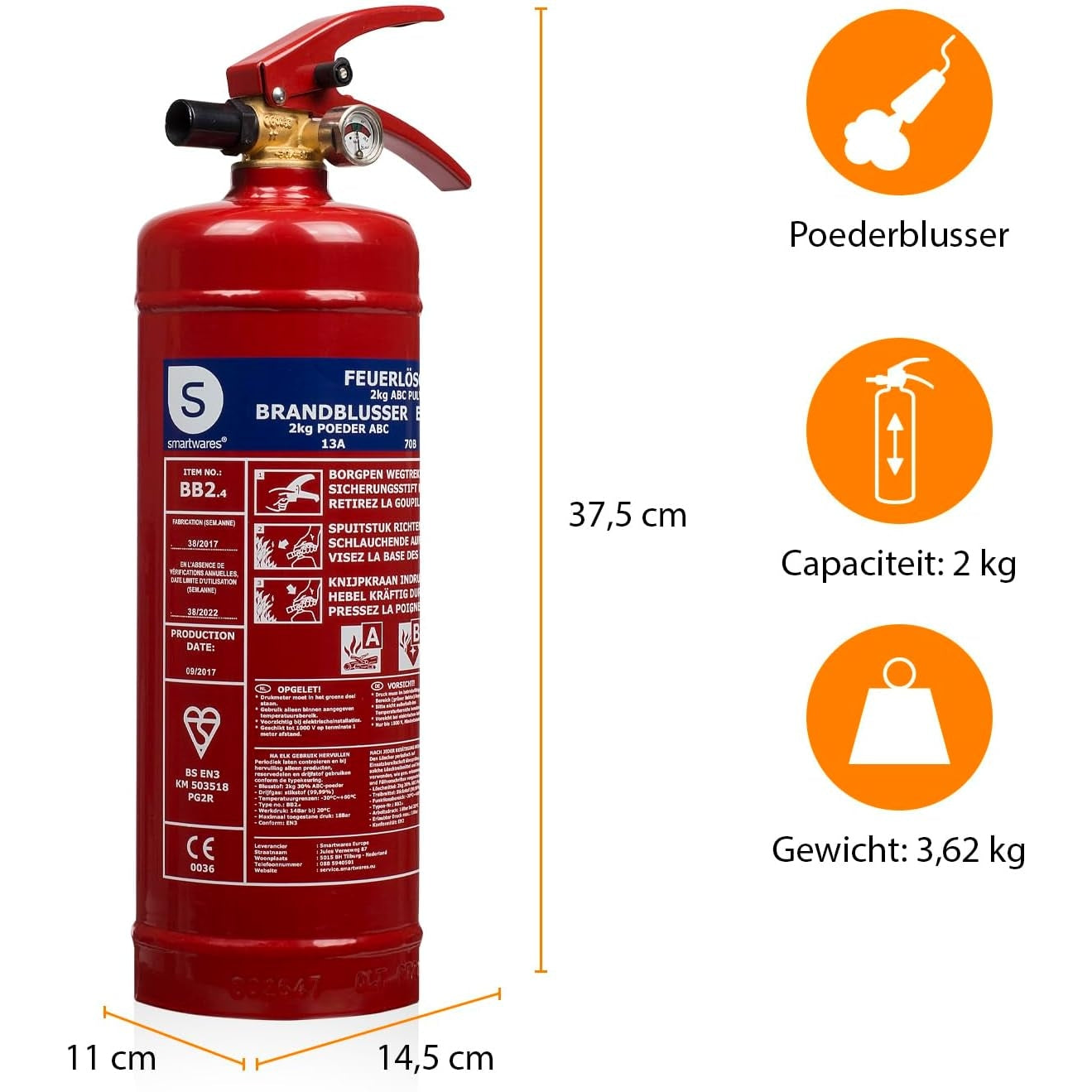 Smartwares - Fire Extinguisher Powder 2Kg For ABC Lamps, Red