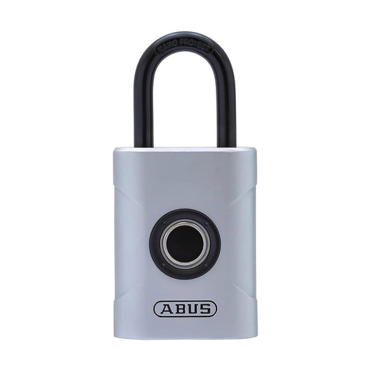 ABUS Touch 57 biometric fingerprint lock with weatherproof design, featuring a hardened steel shackle and capable of recognizing up to 20 embedded fingerprints for keyless access. Dimensions: 1.77 x 0.26 x 3.74 inches; operates on CR2 Lithium Battery with a capacity of up to 10,000 unlocks per cycle.