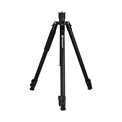 Black Matterport tripod made of aluminum and rubber, adjustable from 20 inches to 65.2 inches, weighing 1.79 kilograms with a maximum load capacity of 11.02 pounds; designed for various devices including cameras and smartphones, featuring three levels of leg adjustment for stability on uneven ground and built-in bubble level for balance.