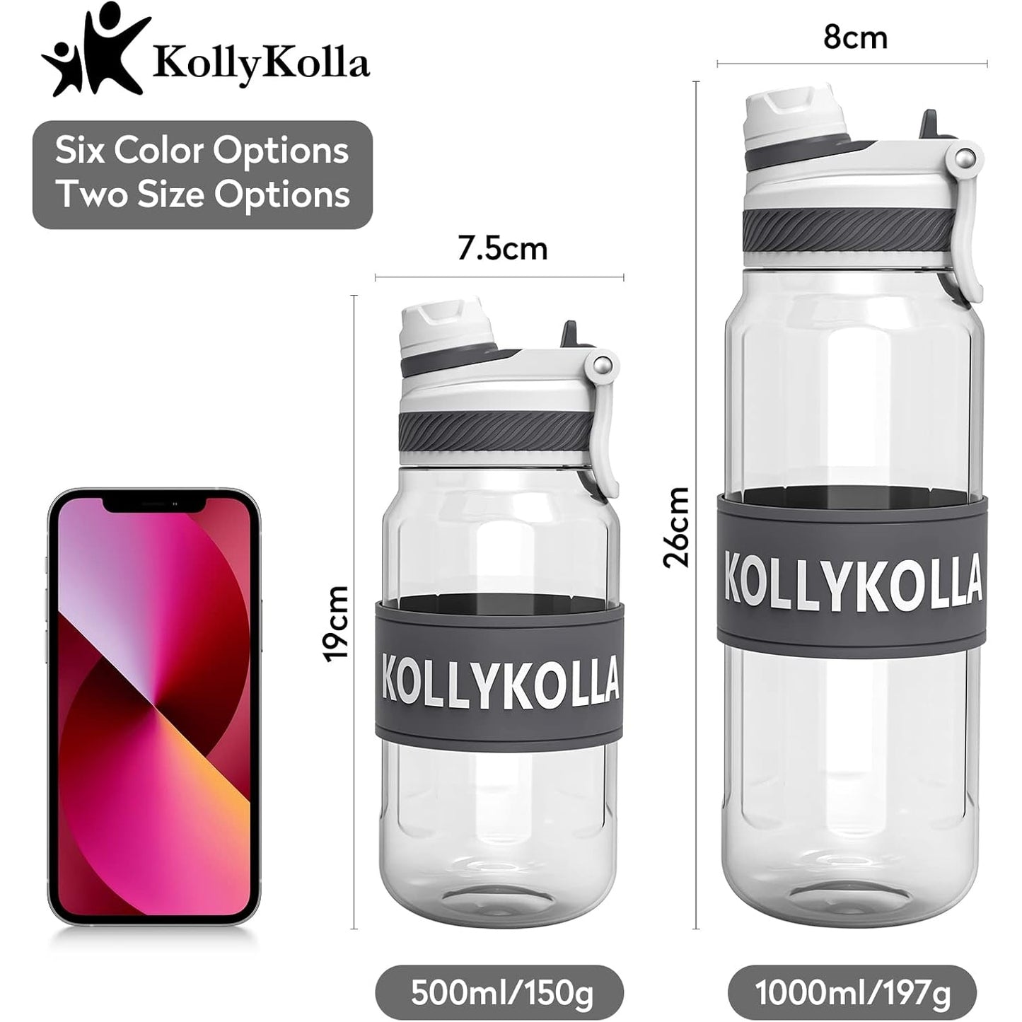 Kollykolla - Large 1L BPA Free Leak Proof Sports Water Bottle