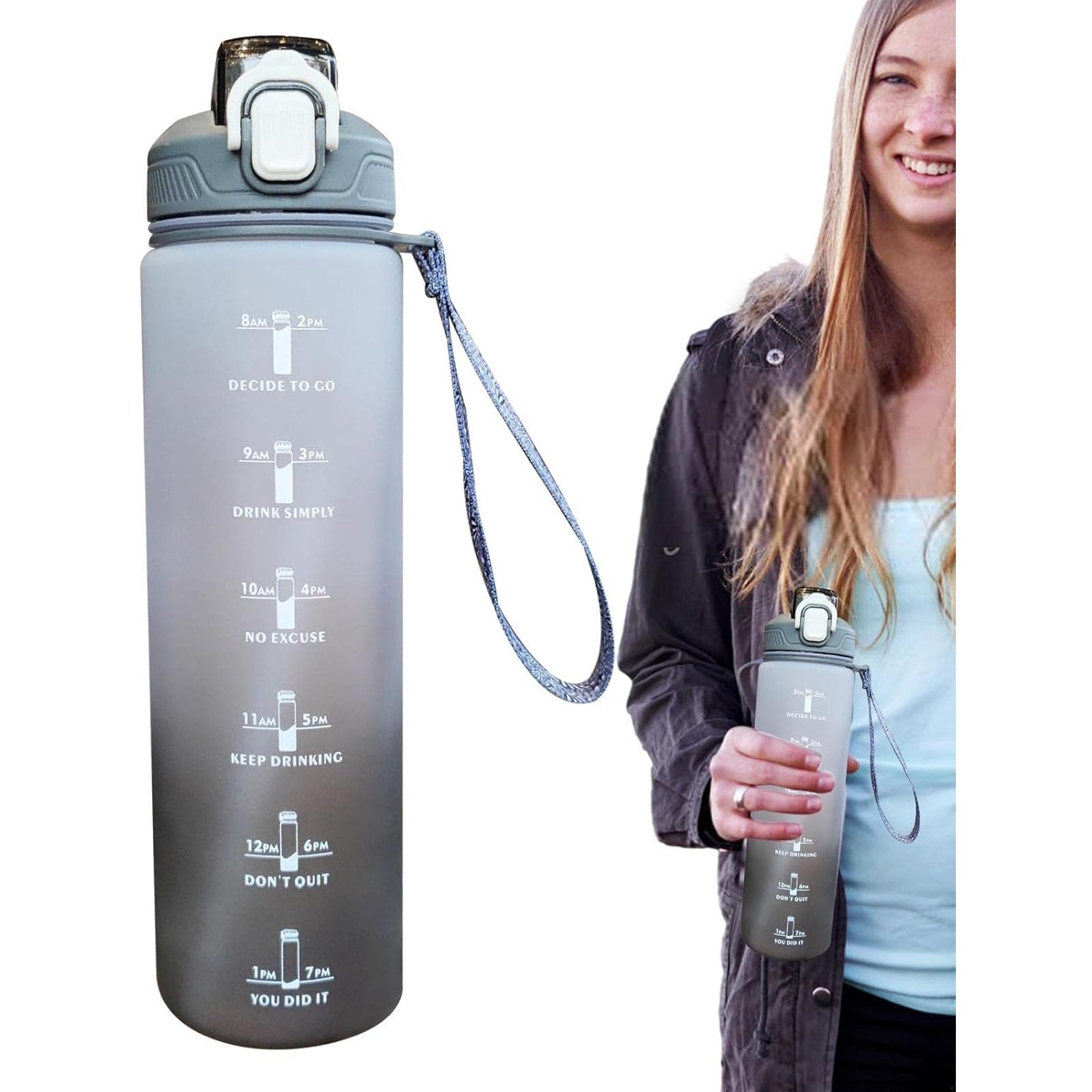 Dosulou - Large Fitness Water Bottle With Time Marking, Straw, And Carry Strap