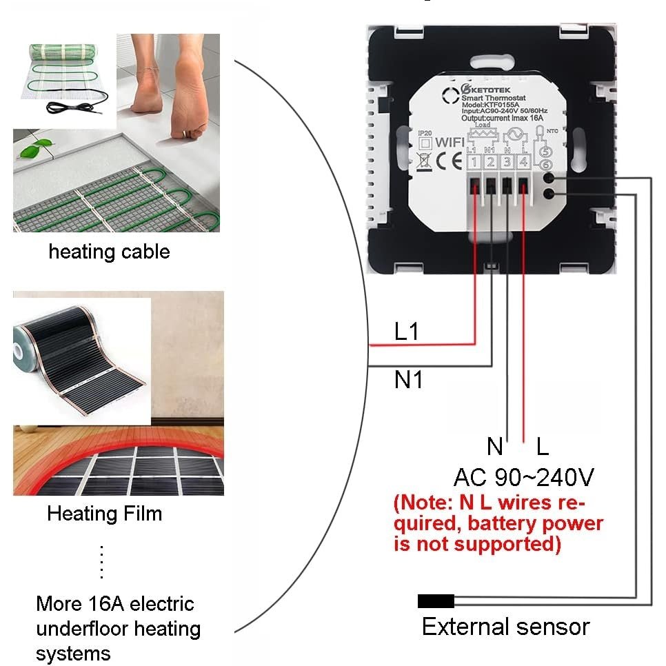 Ketotek - Wifi Thermostat 16A With Probe, Alexa Compatible, Programmable 220V