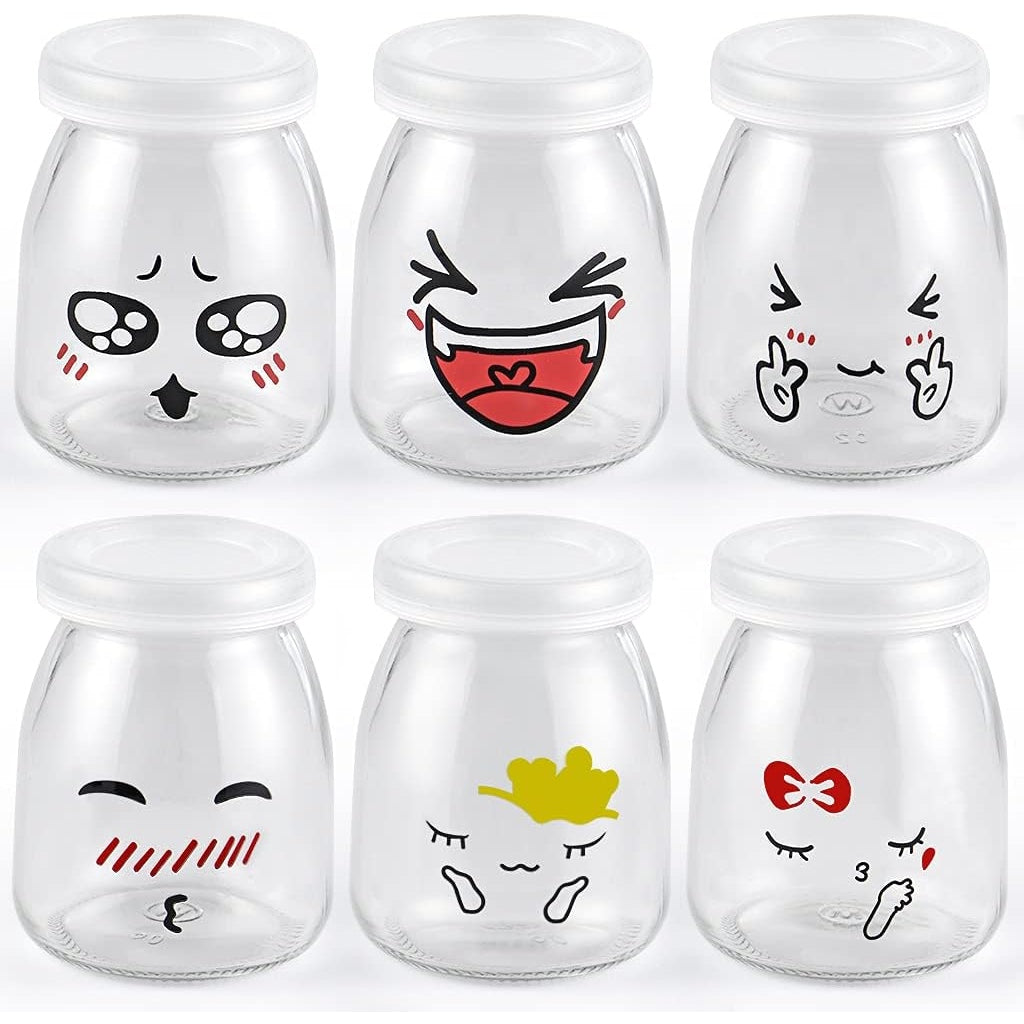 Skelang - 12Pcs Yogurt Bottles 150Ml With Plastic Lid, Cute Emoticon Design