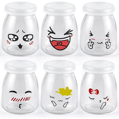 Skelang - 12Pcs Yogurt Bottles 150Ml With Plastic Lid, Cute Emoticon Design