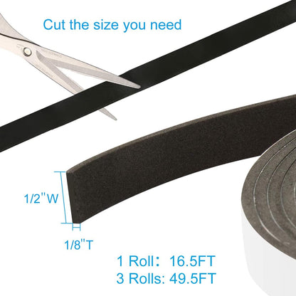 Yiju - Seal Foam Tape 1/2" W x 1/8" T Weather Stripping for Door & Window, 3 Rolls 50Ft Black