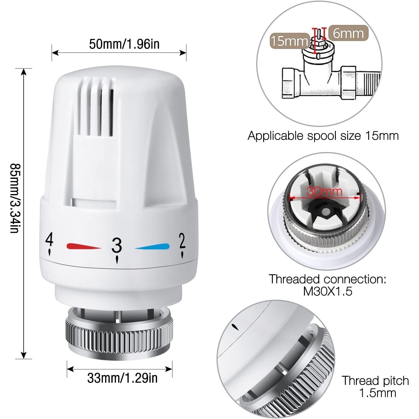 Swetup - Trv Thermostatic Radiator Valve Head, M30 X 1.5, White, 3Pcs