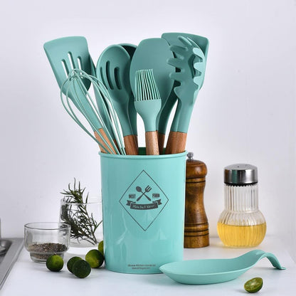 Rachel Broz - 12 Pcs Silicone Cooking Utensils Set With Wooden Handles