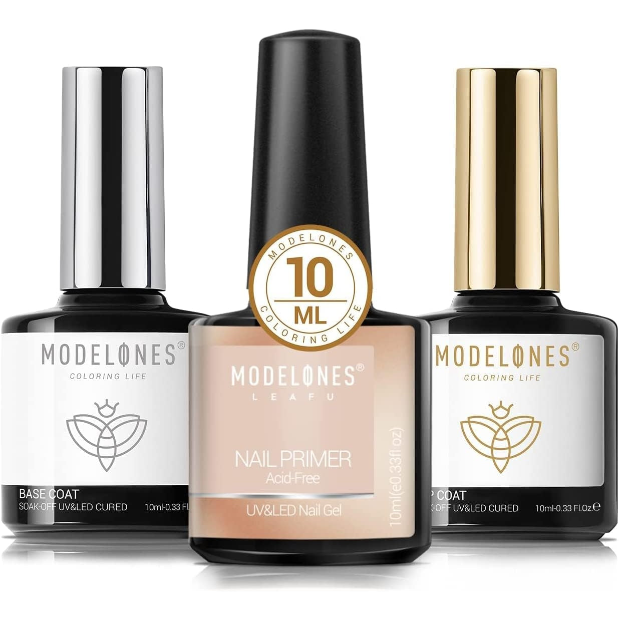 Modelones - Base & Top Coat with Primer for Nails, 3 x 10ml Gel Soak Off UV LED