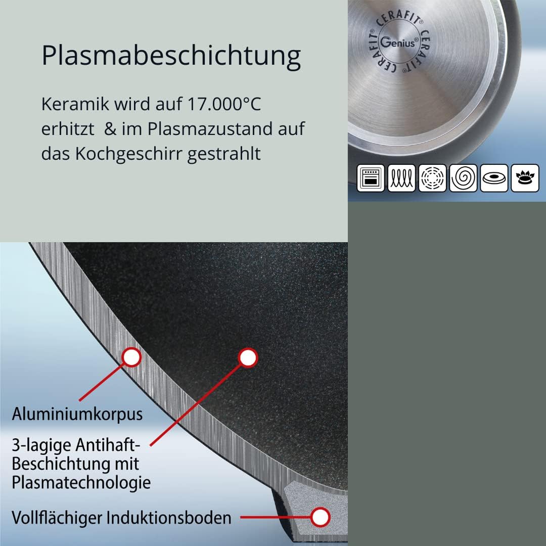 Genius - Cerafit Plasma High Rim Pan 26 Cm + Glass Lid, Oven-Safe, 3.2 L Capacity