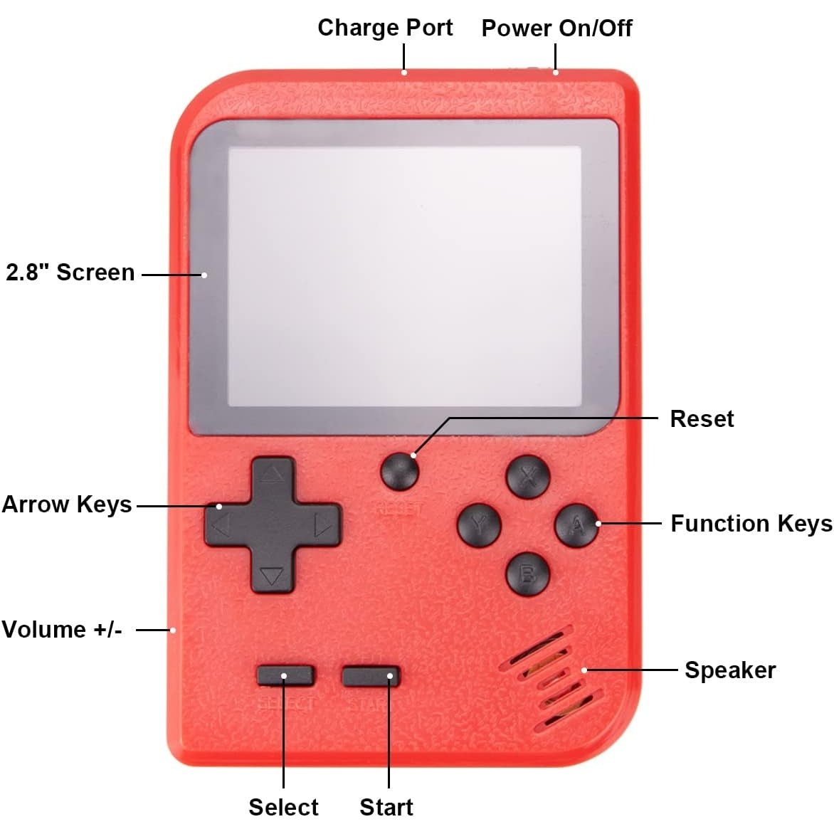 Rock Tech - Mini Handheld Game Console With 400 Retro Games, Rechargeable Battery, 2.8" Screen (Red)