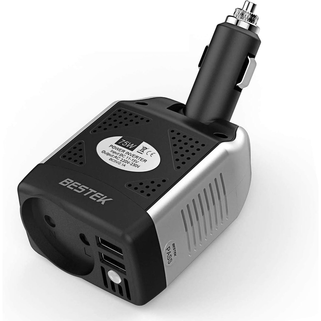 Bestek - 12V to 220V Car Charger with 2 USB Ports 75W (Black White)