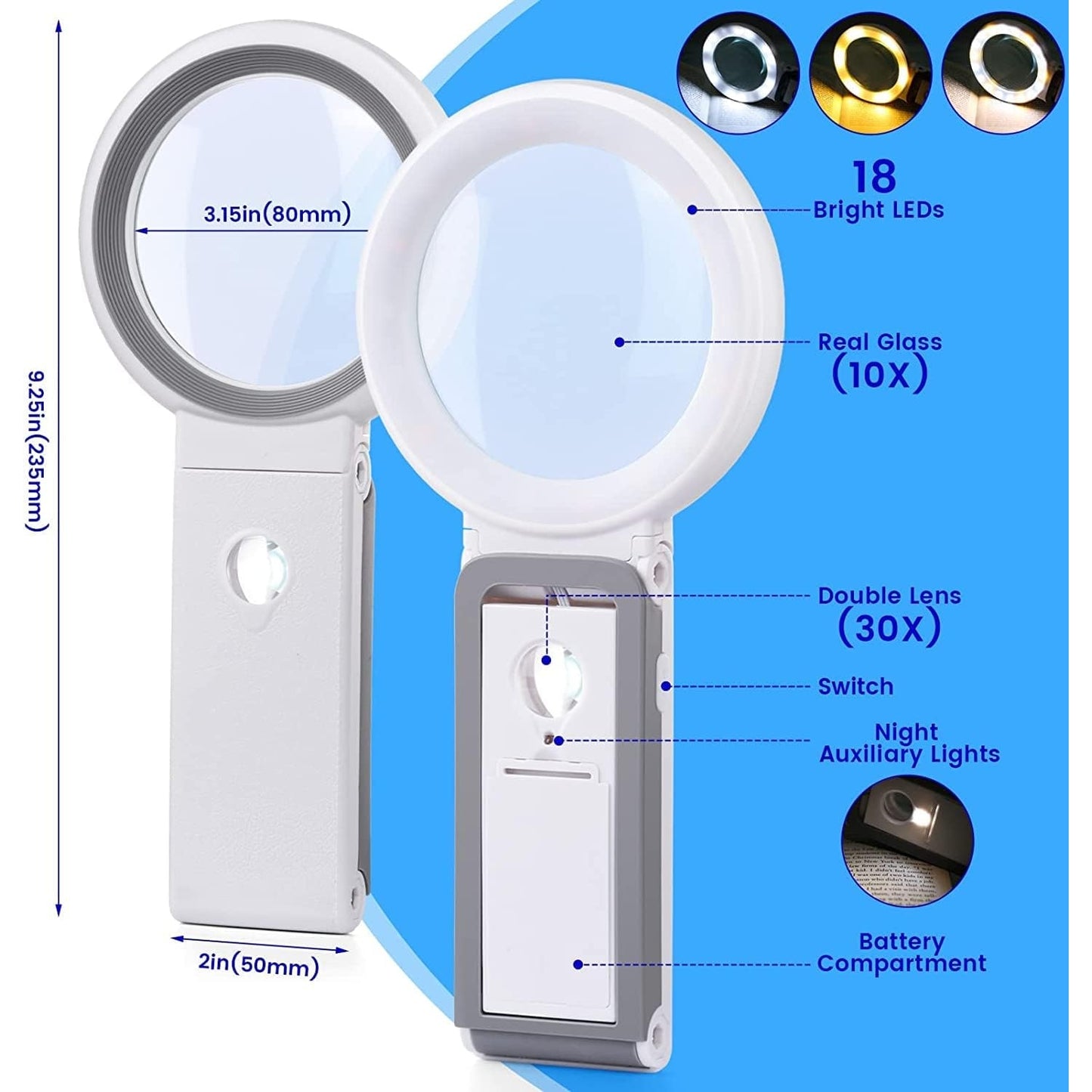 Bvspa - Portable Foldable LED Magnifying Glass With Optical Glass Lens