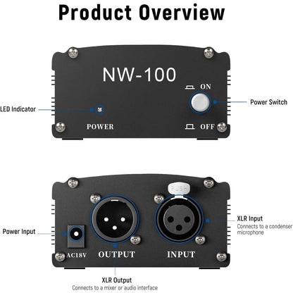 Neewer - 1-Channel 48V Phantom Power Supply With Adapter & XLR Cable (8 Feet)