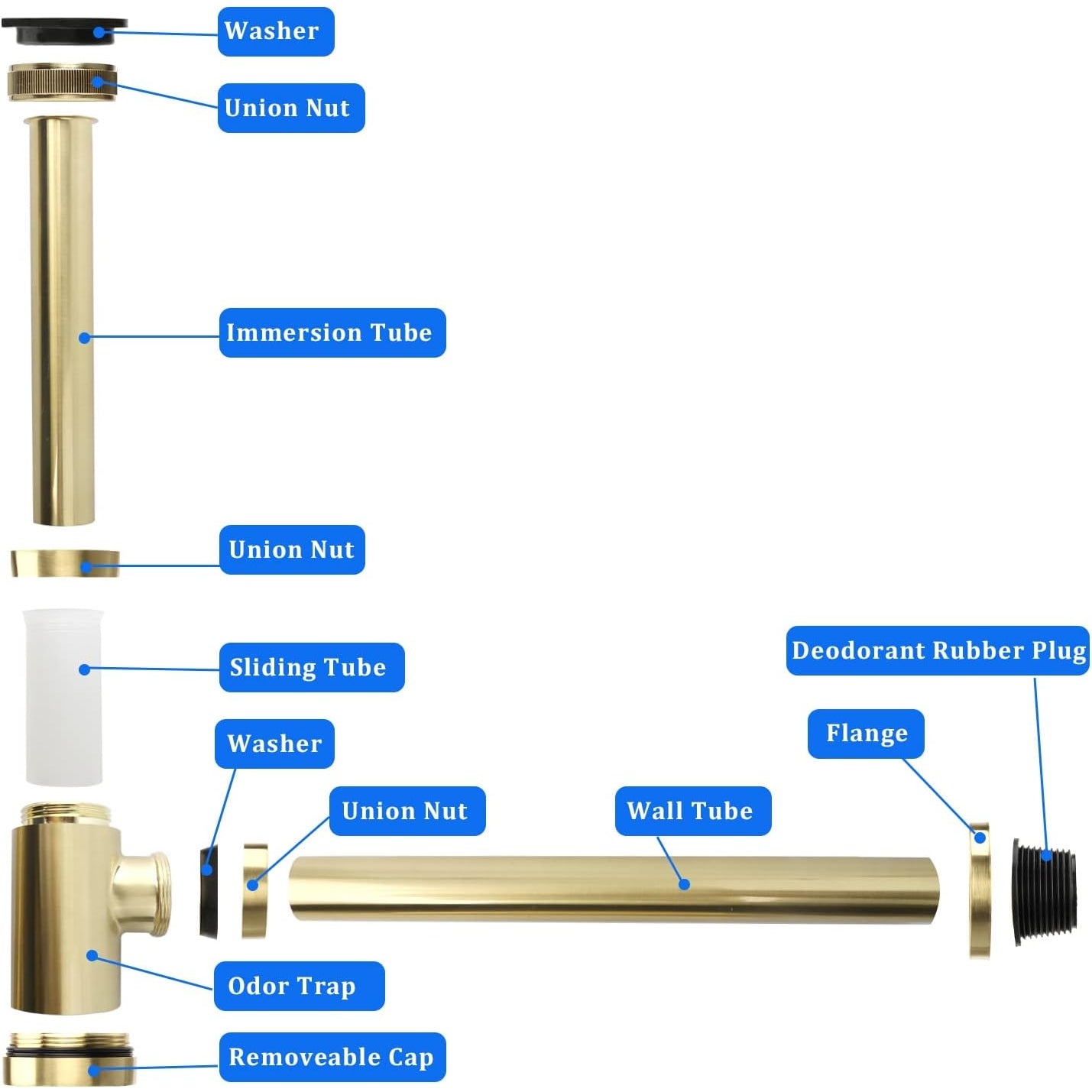 Opermaxer - Design Siphon, 200mm Tube, 1 1/4 Inch x 32mm (Brushed Gold)