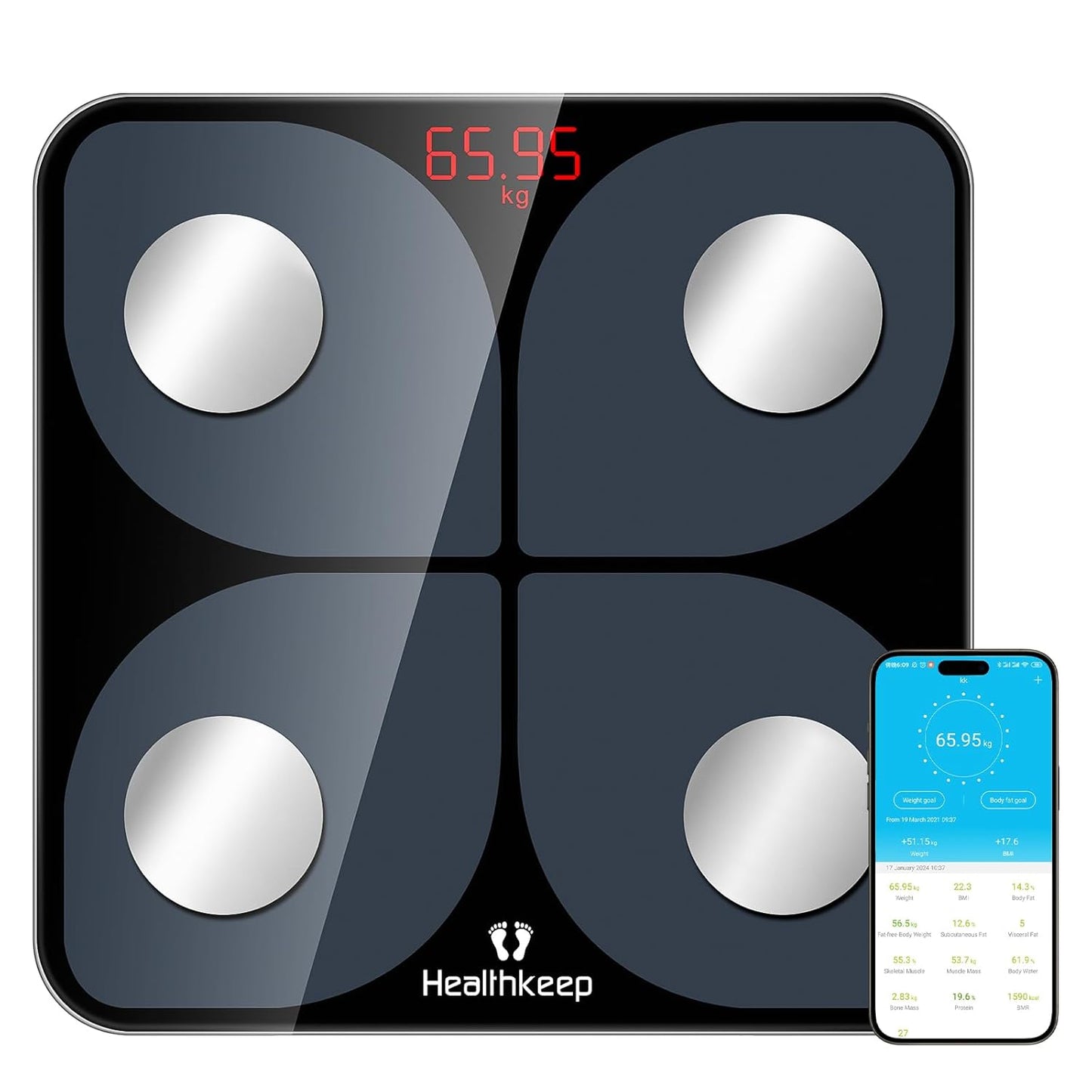 Healthkeep Bluetooth Body Scale on a white background, showcasing its premium 5mm tempered glass platform and self-illuminated LED display. The scale measures weight up to 180 kilograms and provides 13 essential health metrics including BMI, body fat, muscle mass, and more. It features a sleek design suitable for any environment and is compatible with the Feelfit app for seamless data integration across devices.