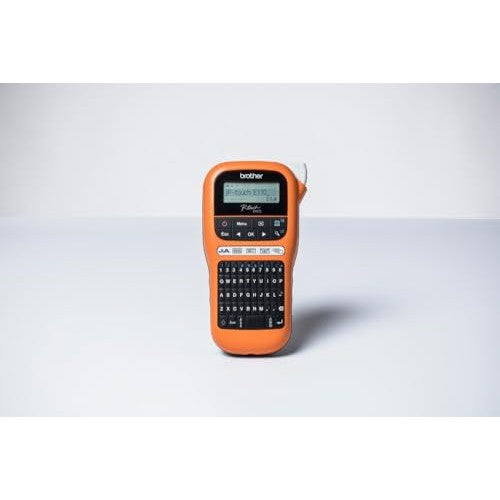 Portable orange Brother PT-E110 label printer designed for efficient labeling with dedicated keys for cable wrapping and faceplate labels, featuring a numeric keypad for quick number entry and 200 icons across various categories.