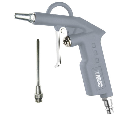 Aluminium compressed air gun with a 2 mm nozzle, designed for dust removal, drying, and cleaning; includes a 100 mm extension nozzle for precise airflow.