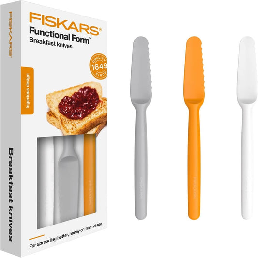 Fiskars - Set of 3 Plastic Spreading Knives, White/Orange/Gray