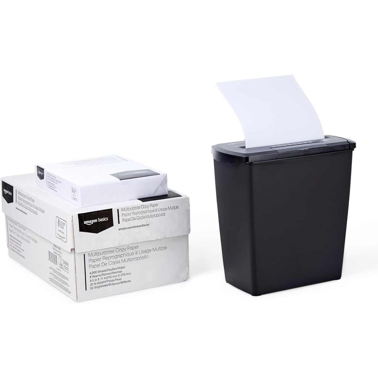 Amazon Basics - 8-Sheet Strip-Cut Shredder & 8.5x11 Inch Copy Paper, 8 Ream Case