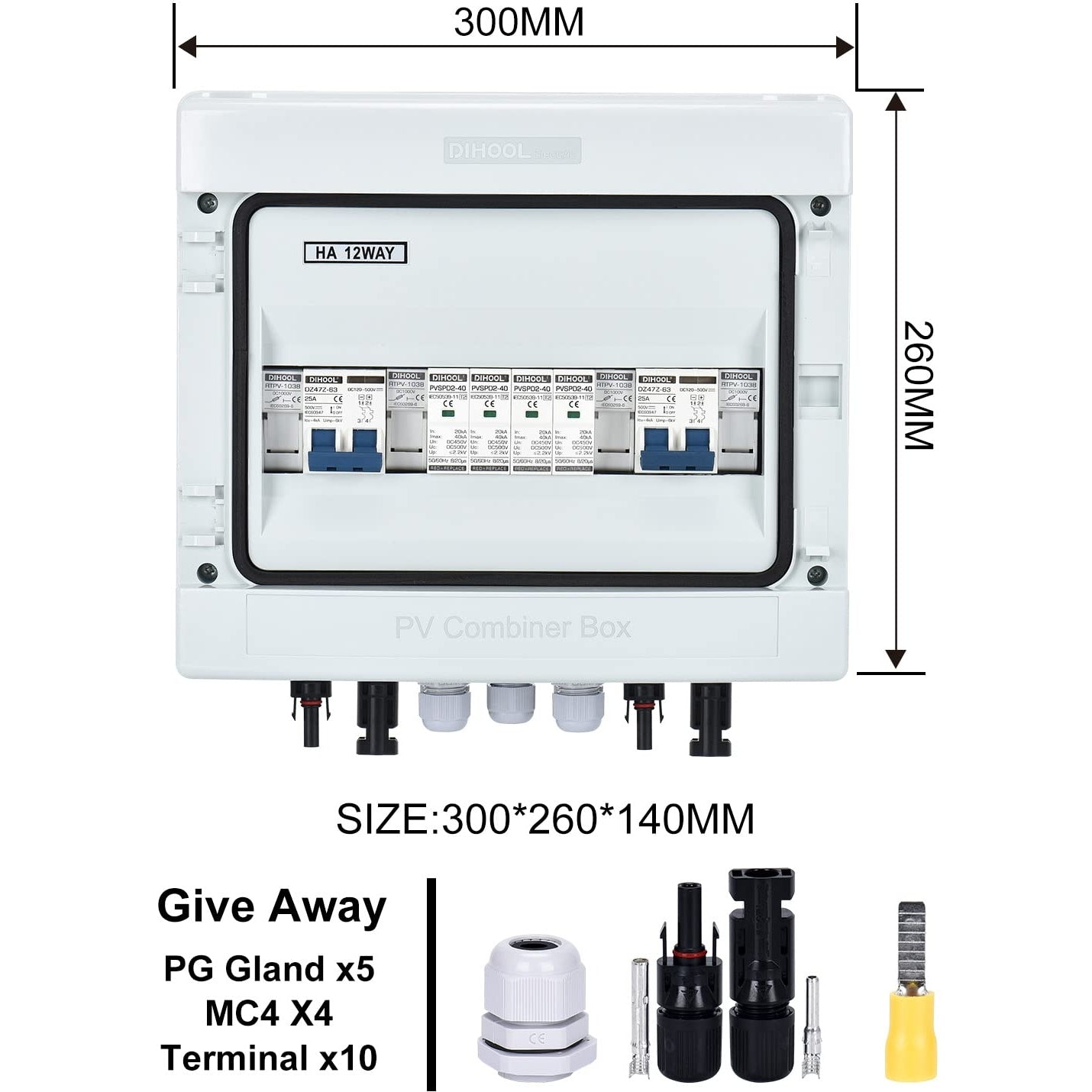 Dihool - Pv Solar Combiner Box 2 String 25A Junction Box Dc500V