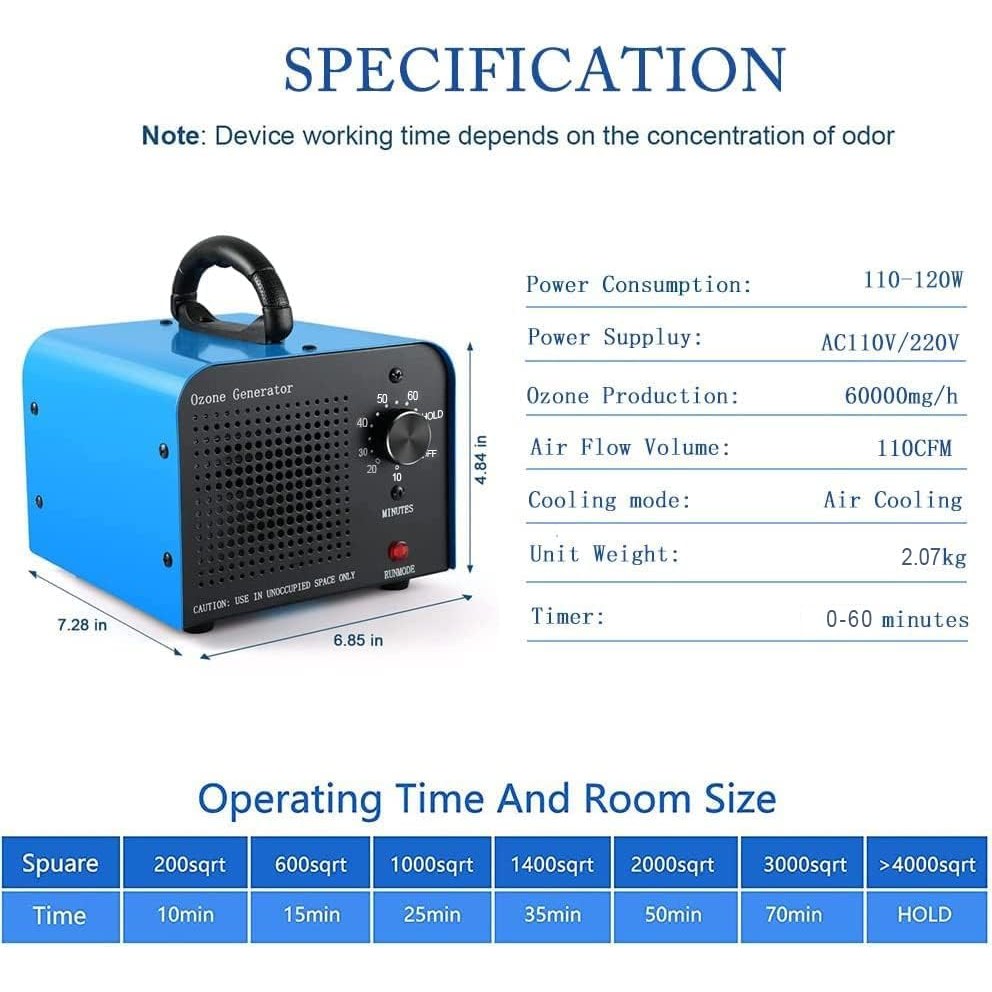 TOOSOAR - Ozone Generator 60,000mg/h Air Purifier and Deodorizer Device