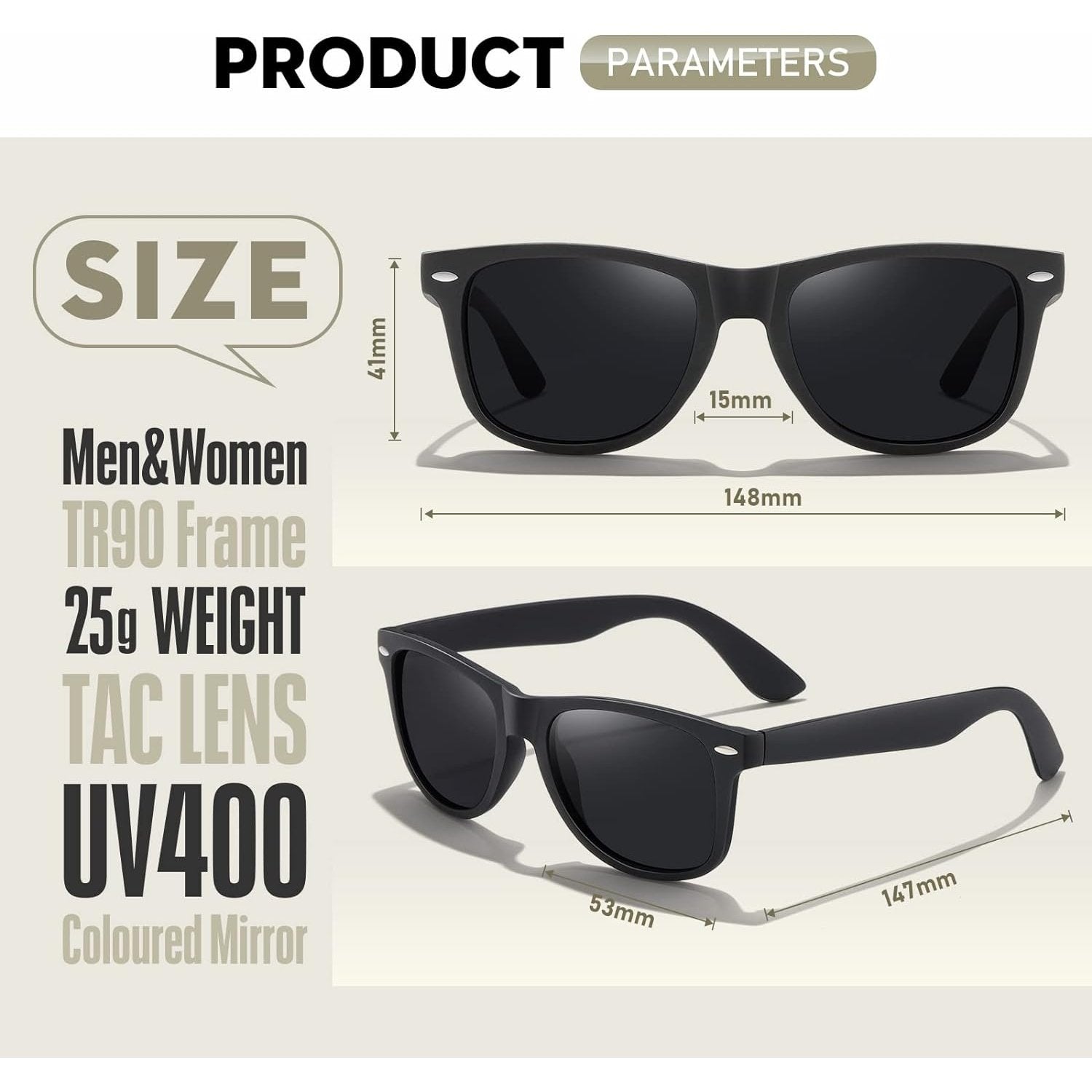 Wearpro - Polarised UV400 Rectangular Sunglasses Unisex Retro Black