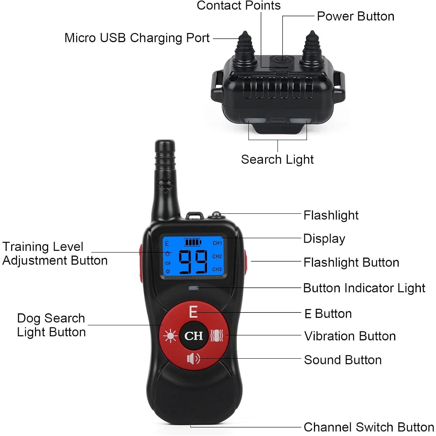 Wodondirect - Waterproof Dog Training Collar With Vibration, Sound, Static, 800M Remote