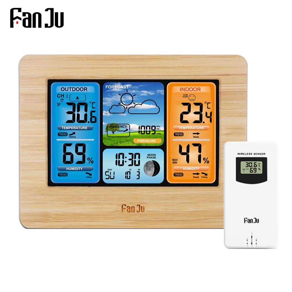 Fanju - Digital Forecast Weather Station Wall Alarm Clock with Temperature, Humidity, Backlight, Snooze, USB