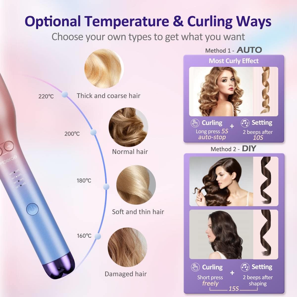 Moerae - Automatic Curling Iron, Adjustable Temperature, Quick Heating, Long-Lasting Curls