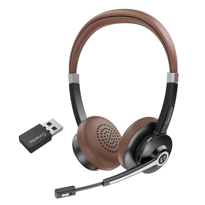 Conambo Bluetooth Headphones in dark brown, on-ear design with sound isolation features and a noise-cancelling microphone, designed for comfortable all-day wear and long battery life.