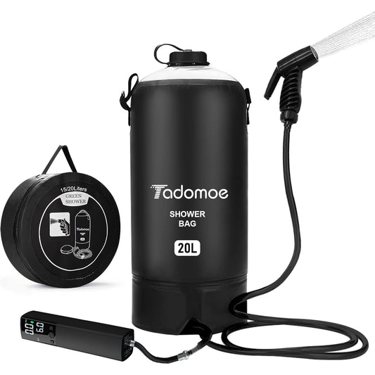 Tadomoe - Portable 5 Gallon Camping Shower Bag With Pump And Temperature Indicator