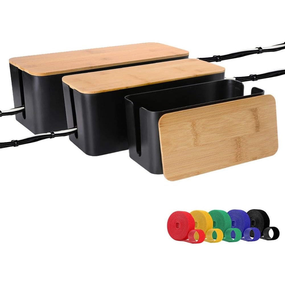 Davidsons Collection - Cable Management Organizer Box Set, Bamboo Lid, Black