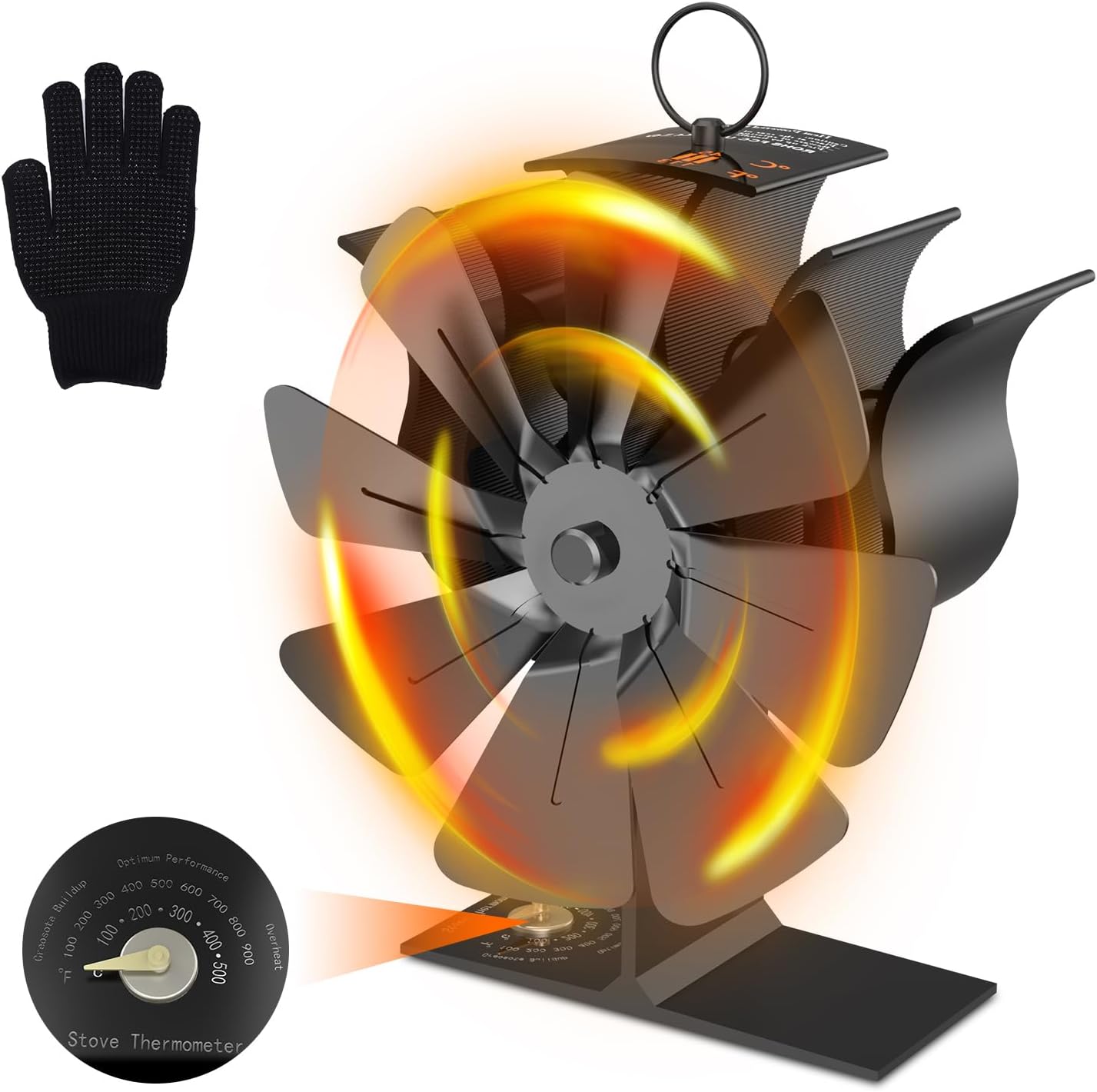 Sunjuly - Silent 8-Blade Heat Powered Log Burner Fan With Thermometer