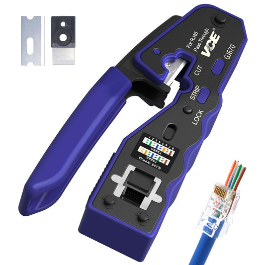 VCE GJ670BL Pass-Through RJ45 Crimping Tool in dark blue and black, designed for crimping pass-through RJ45 connectors with built-in stripper and cutter, suitable for Cat5/Cat5e/Cat6/Cat6a/Cat7 cables.