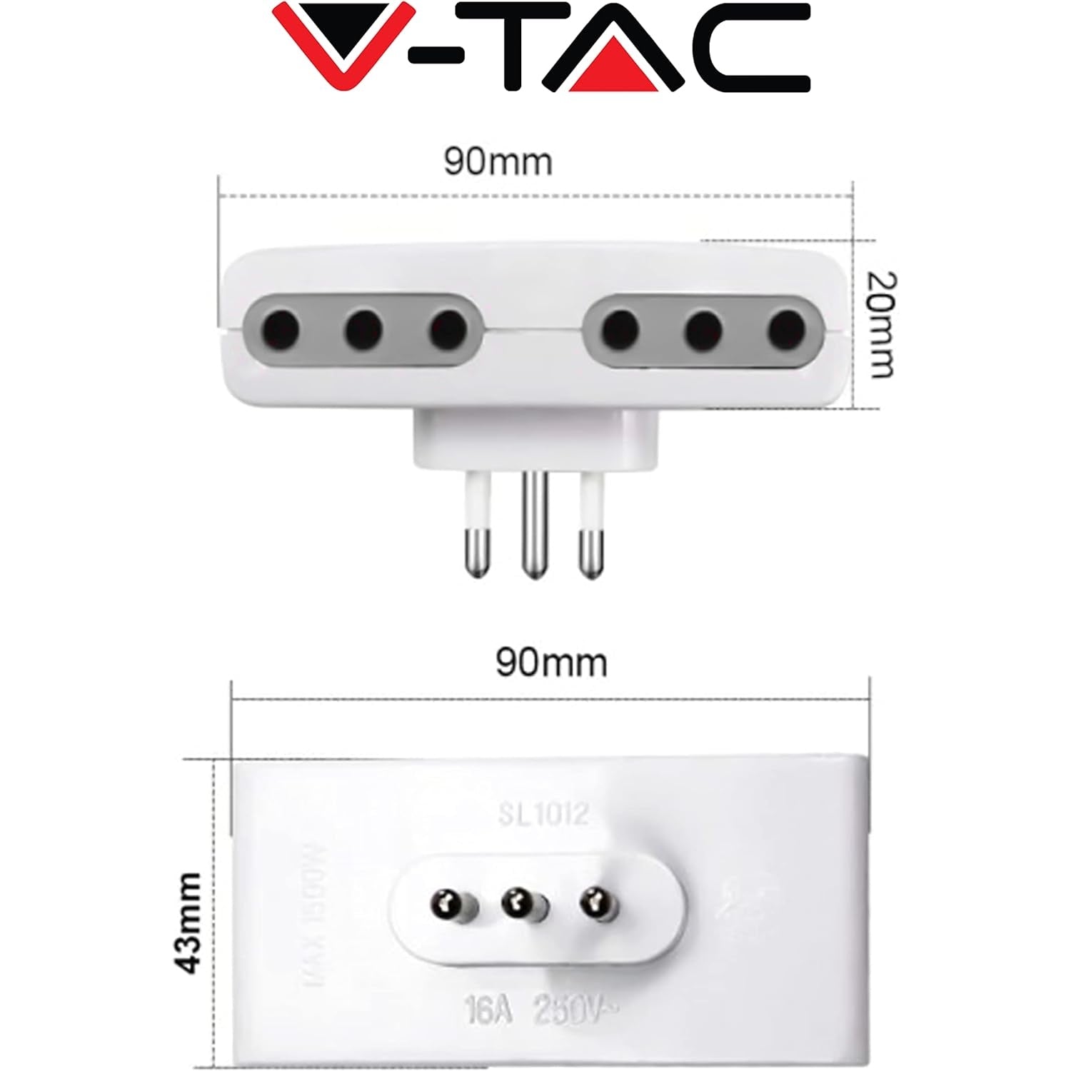 V-Tac - Space-Saving Quadruple Power Strip With 4 Outlets