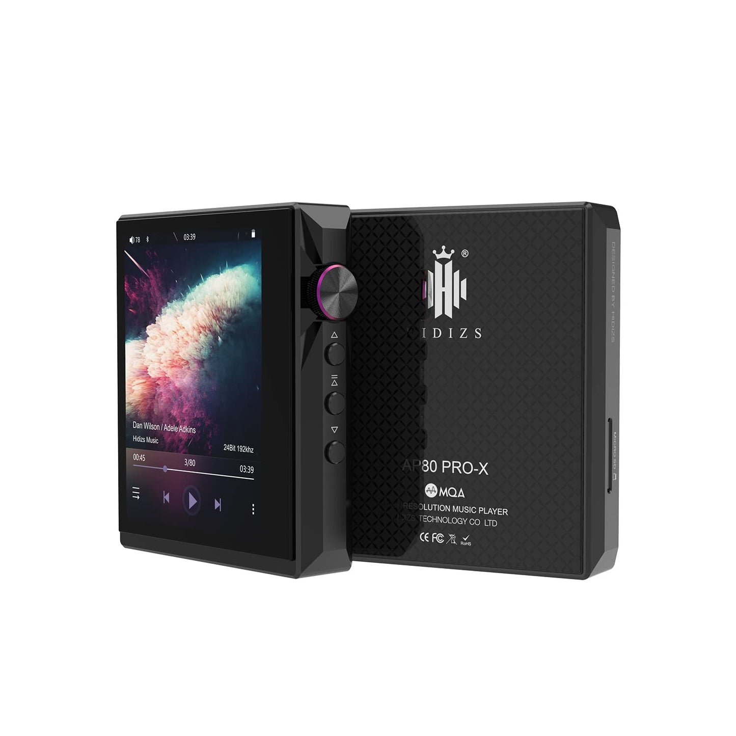 Hidizs AP80 PRO-X Portable Music Player featuring a sleek X-shaped aluminum design, dual ESS9219C DAC chips for high-resolution audio, Bluetooth connectivity, and multiple output options.