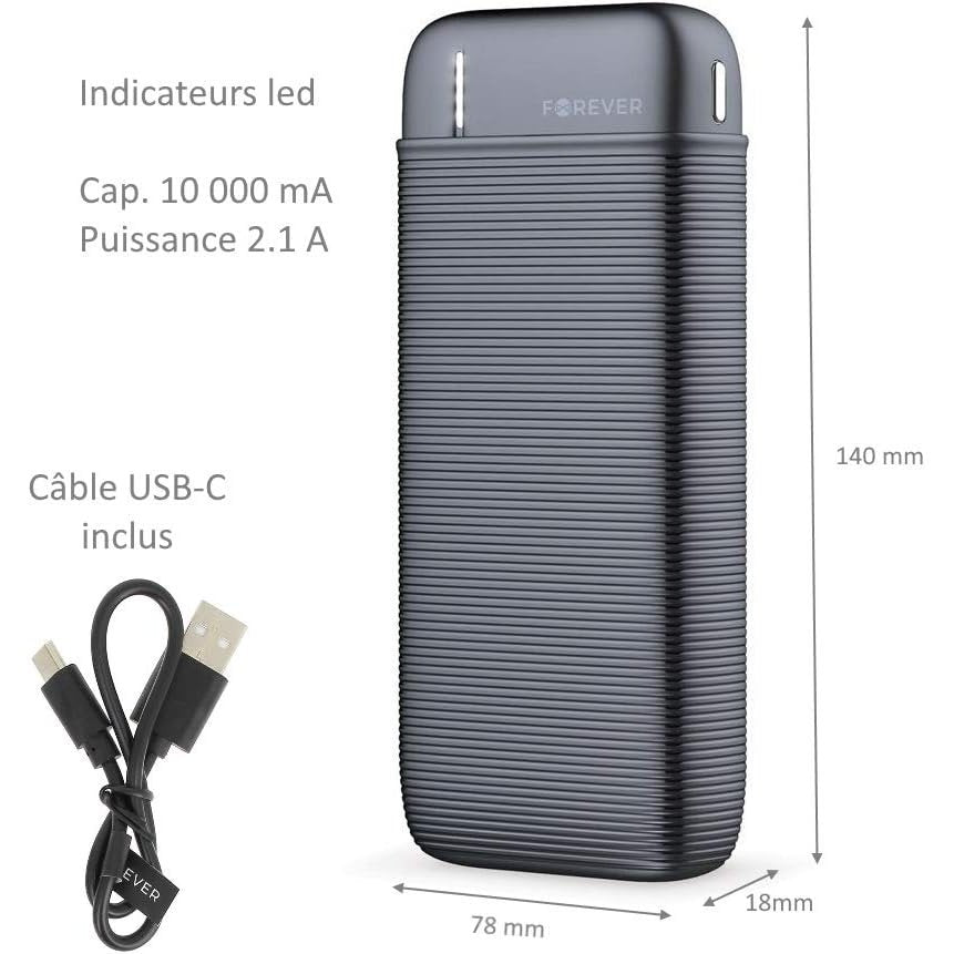 Forever - Portable External Battery 10000mAh 2X USB Powerful USB-C Cable