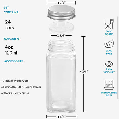 Aozita - 24 Pcs Glass Spice Jars With Labels, Shaker Lids, Airtight Caps, Funnel