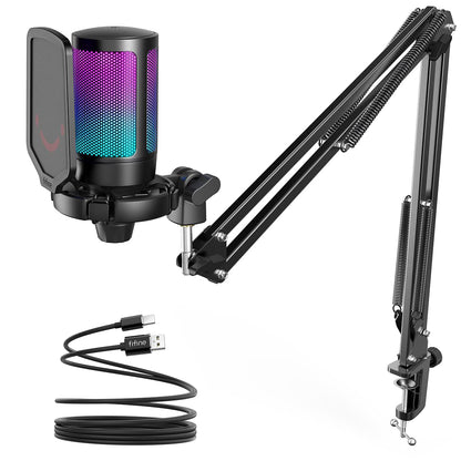 Fifine - Usb Gaming Microphone Kit With Mute Button, Rgb, Arm Stand