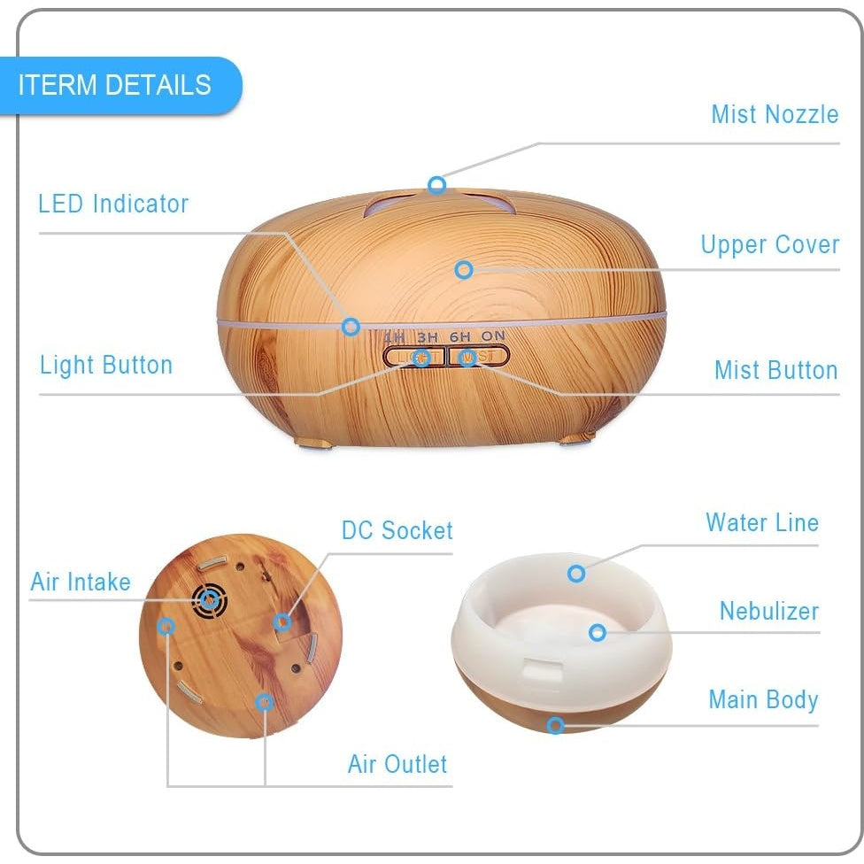 Laveter - Essential Oil Diffuser 550ml With 10 Free Oils, LED Light, Remote