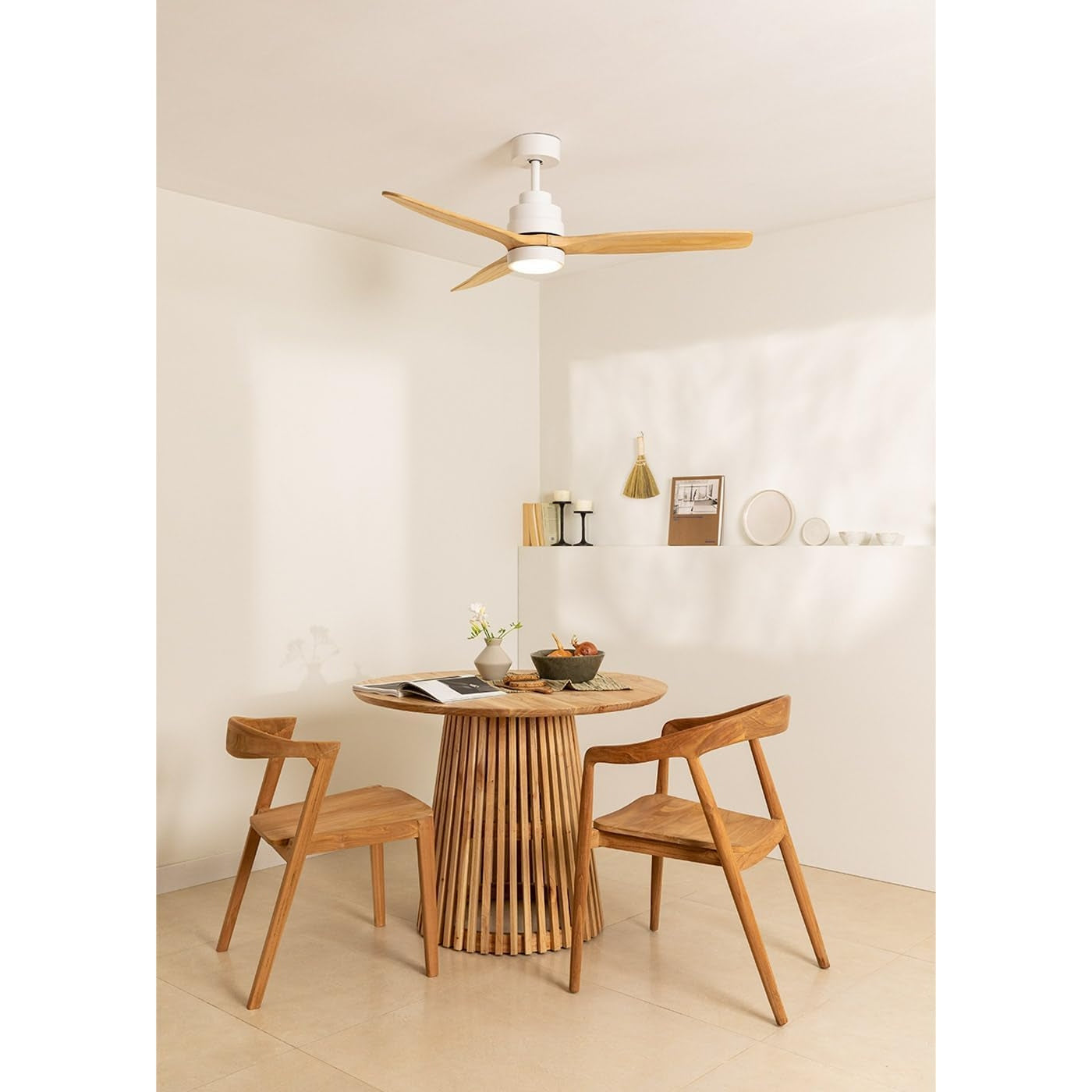 Create - Windstylance Dc - White Ceiling Fan With Natural Wooden Blades With Light-silent,power 40 W,ø 132 Cm