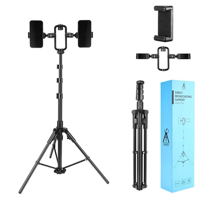 Lightweight aluminium tripod for live streaming, compatible with smartphones, featuring a patented design for multiple device mounts and easy setup.