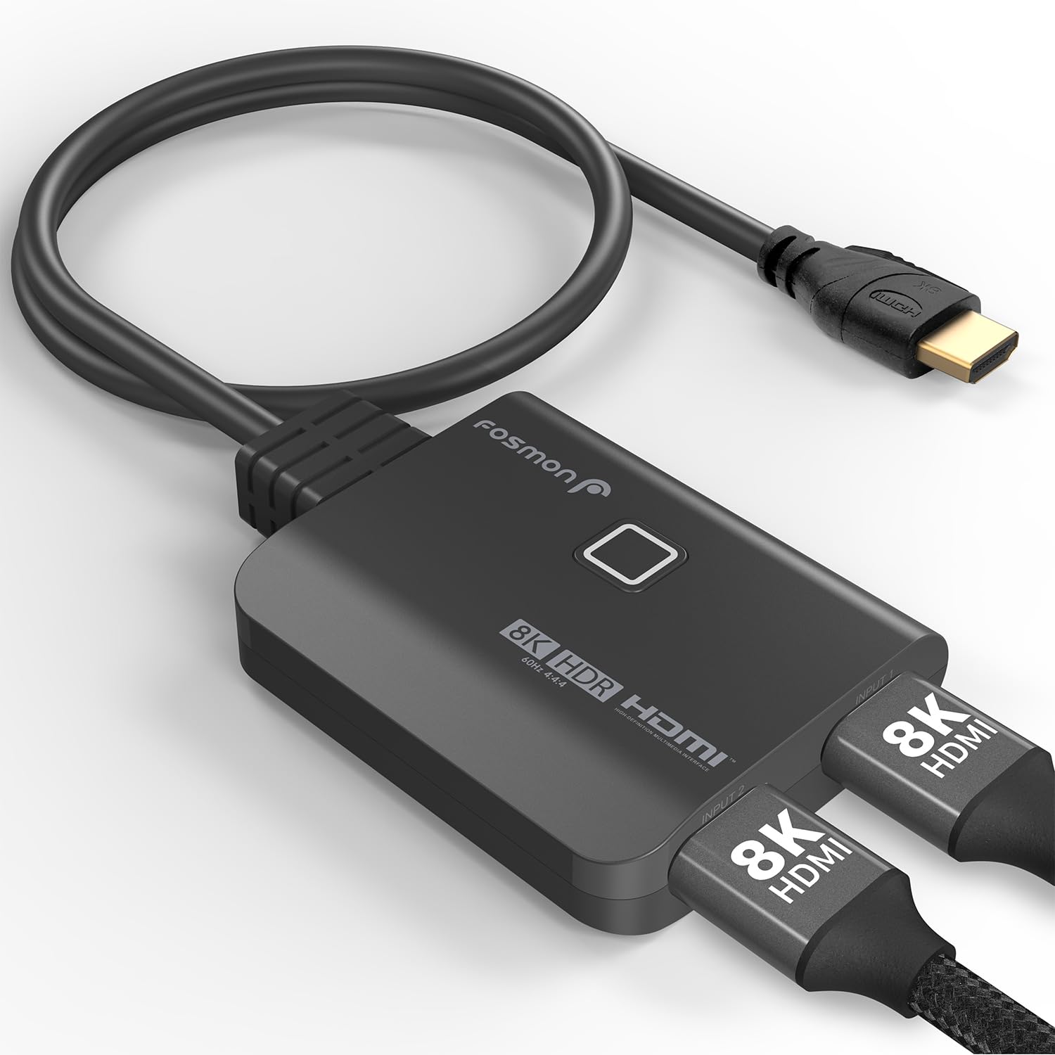 Fosmon 8K HDMI switch with two input ports and one output port, designed for seamless switching between multiple devices like projectors, gaming consoles, and Blu-Ray players.