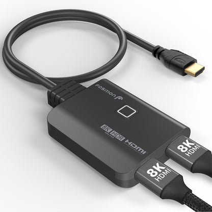 Fosmon 8K HDMI switch with two input ports and one output port, designed for seamless switching between multiple devices like projectors, gaming consoles, and Blu-Ray players.