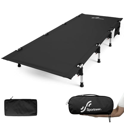 Sportneer Ultralight Camping Cot in black, featuring a rectangular shape and dimensions of 75 x 27.5 x 6.6 inches, designed for effortless setup with an innovative lever locking mechanism, made from aerospace-grade aluminum alloy and tear-resistant polyester fabric, supporting up to 330 pounds while ensuring comfort with non-slip feet and a quiet sleeping surface.