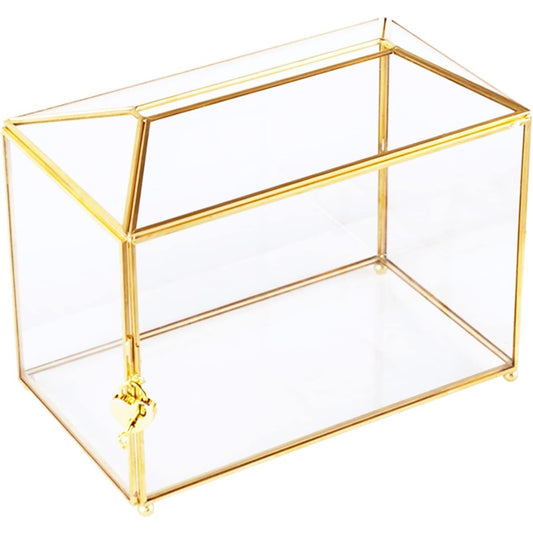 Vellon - Clear Wedding Gift Card Box With Lock, Gold Glass Box For Reception