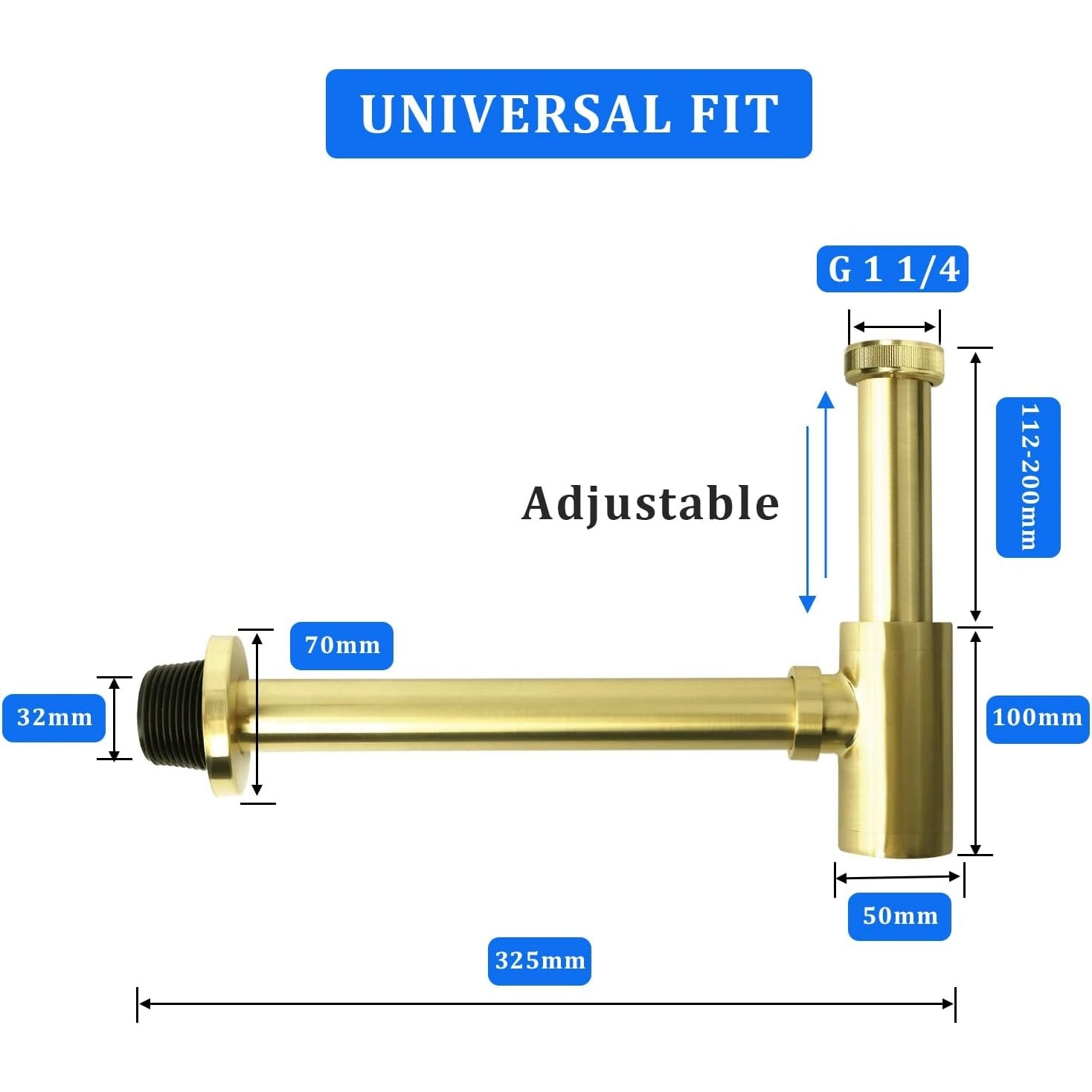 Opermaxer - Design Siphon, 200mm Tube, 1 1/4 Inch x 32mm (Brushed Gold)