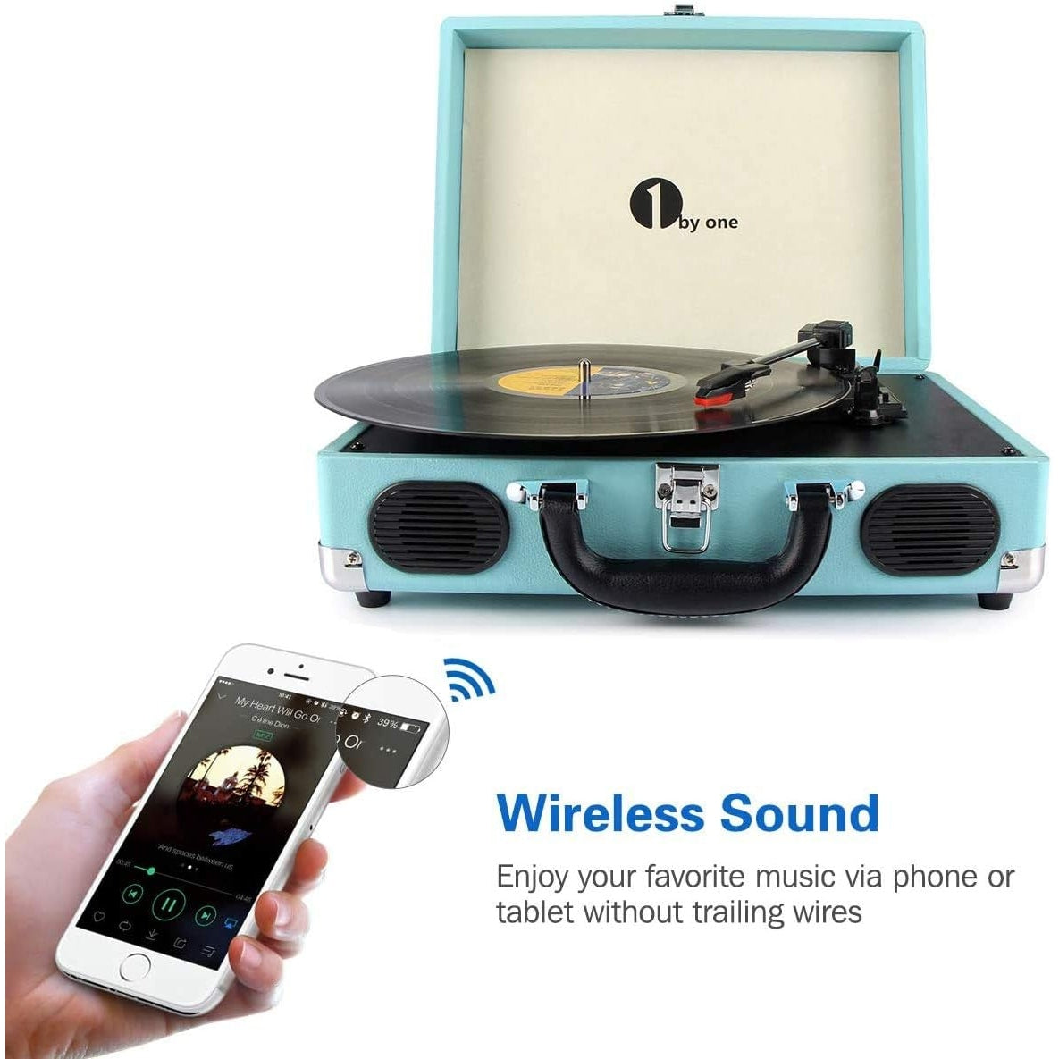 1 By One - Bluetooth Record Player 3-Speed Portable Turntable With Speakers, Turquoise-111-1703-Z9-4596-B00XVJLYPW