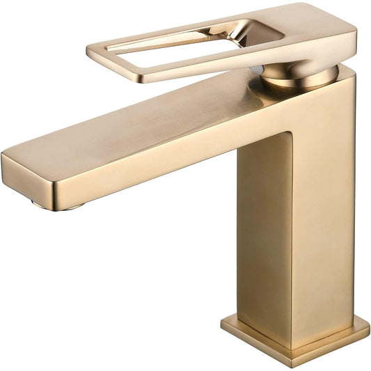 Shunli - Brushed Gold Basin Mixer Tap, Modern Single Lever Bathroom Faucet