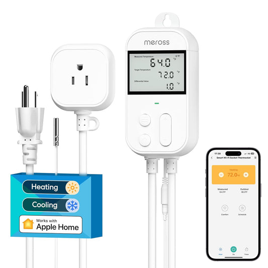 Meross smart temperature controller thermostat in white, featuring an LCD display and polycarbonate material, measuring 2.4"L x 1.4"W x 4.7"H, compatible with heating and cooling equipment, supports Apple Home, Alexa, Google Home for remote control and scheduling capabilities.